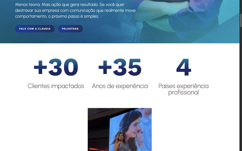 Print do site atual: botões Fale com a Claudia e Palestras que não funcionam